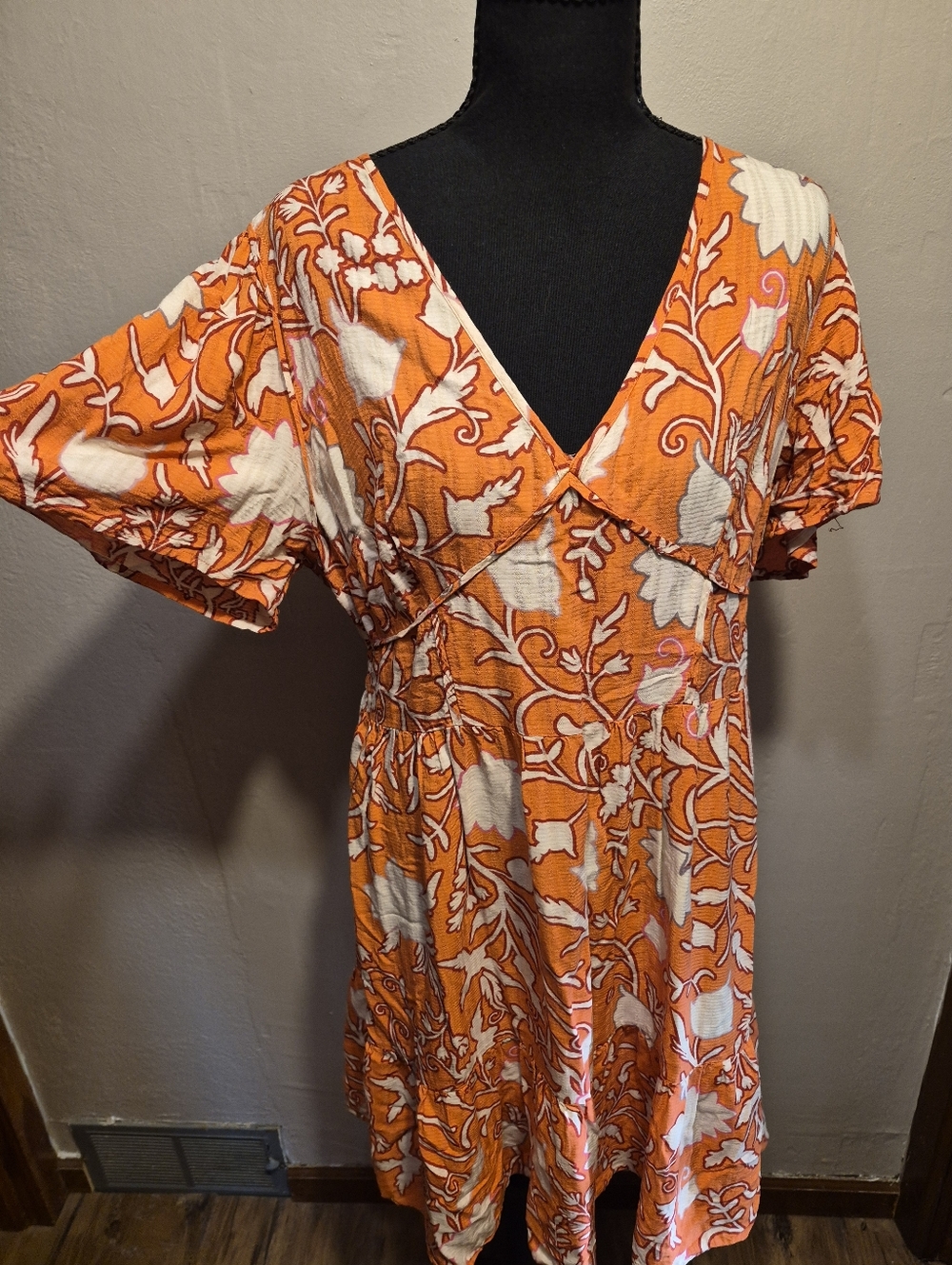 Knox Rose A-Line Dress Womens Large Flutter-Sleeves Orange & White Floral Rayon - Picture 3 of 8